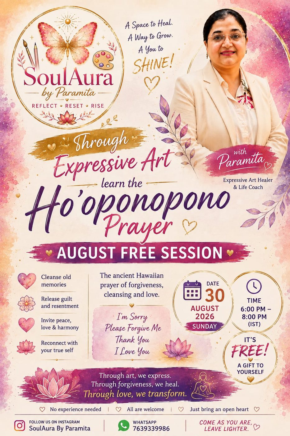 Ho'oponopono Prayer through Expressive Art, free online session on 30 August 2026